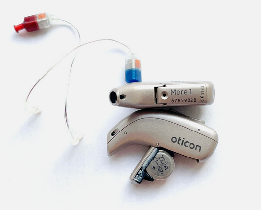 Used, Pair of Oticon More 1 + w/Charger + 2 New batt. + w/Speakers