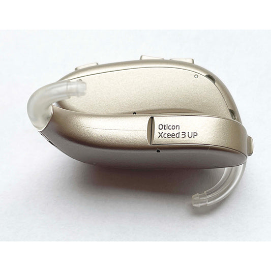 Used, Pair of Oticon Xceed 3 UP behind the ear BTE Beige color