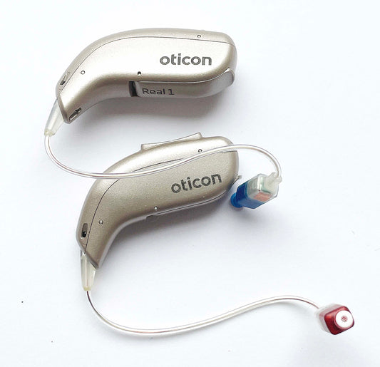 Used, 2x Oticon Real 1 miniRITE T (312 batt.) Beige Color + Speakers Size 2/85db