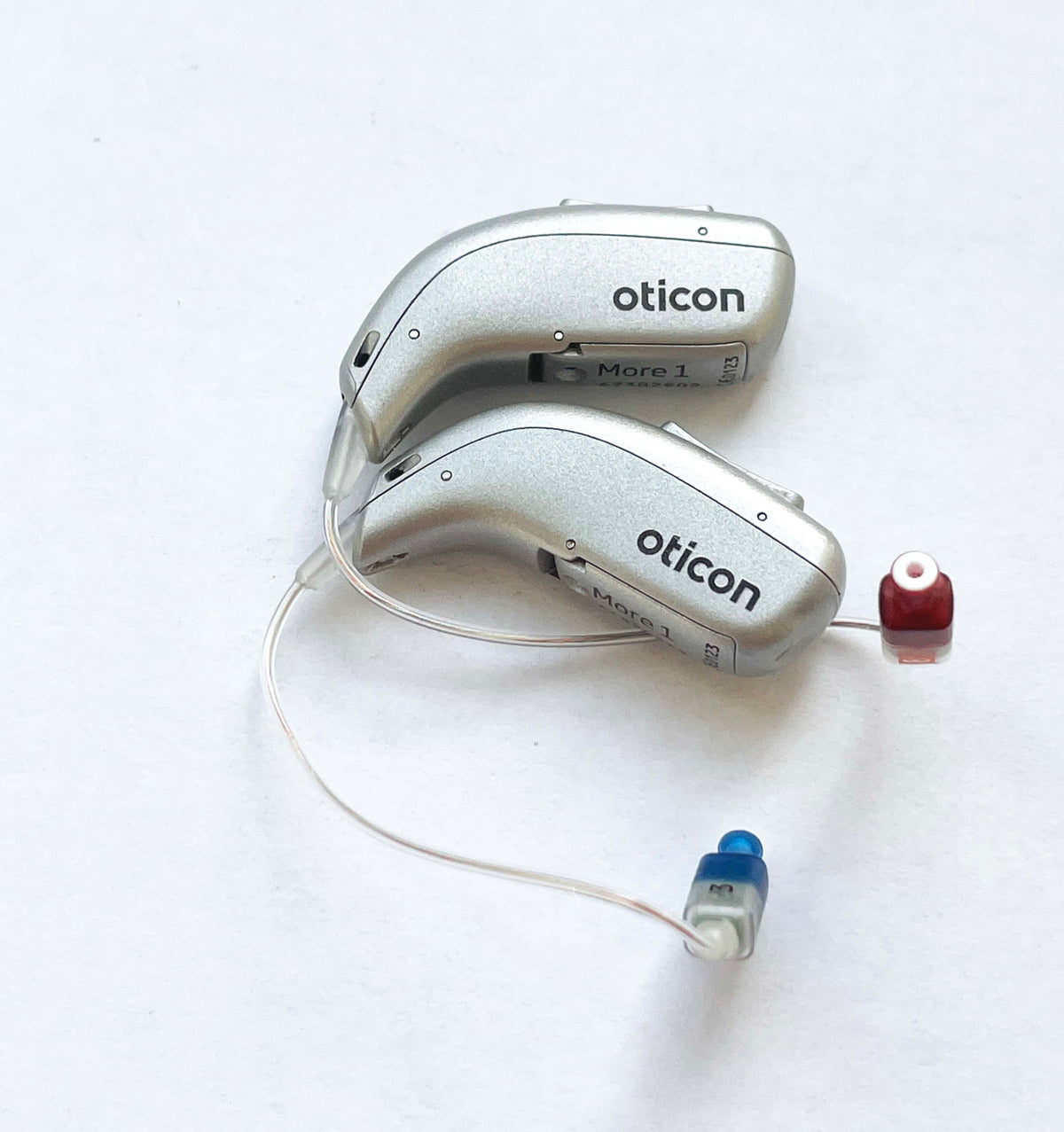 Used, Pair of Oticon More 1  Silver + w/Charger +  w/Speakers