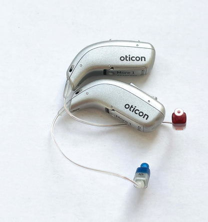 Used, Pair of Oticon More 1  Silver + w/Charger +  w/Speakers